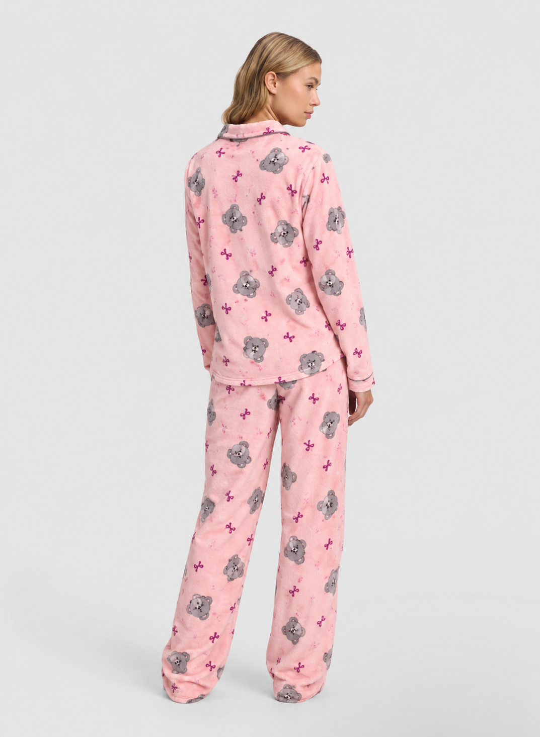 Pink Teddy Bear Print Button-Up Pyjama