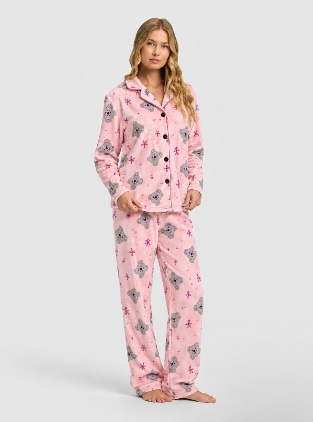 Pink Teddy Bear Print Button-Up Pyjama