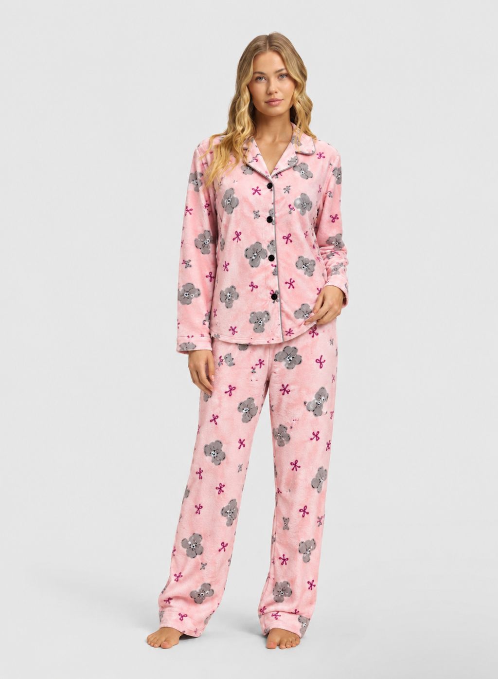 Pink Teddy Bear Print Button-Up Pyjama
