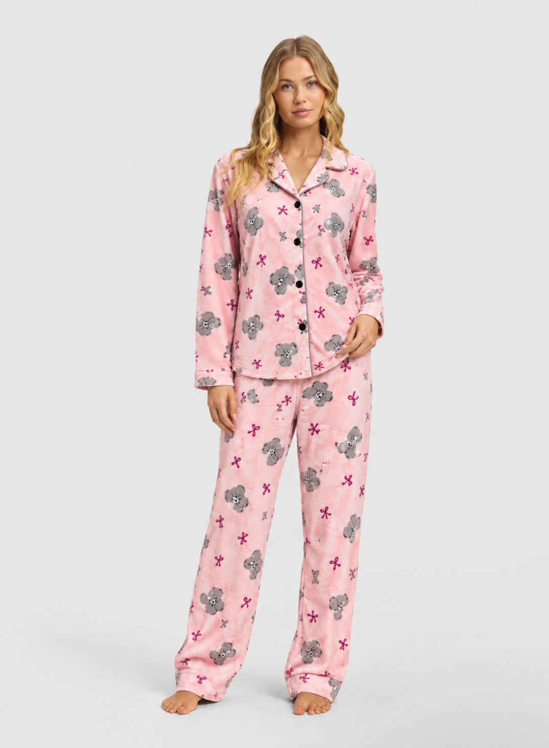 Pink Teddy Bear Print Button-Up Pyjama