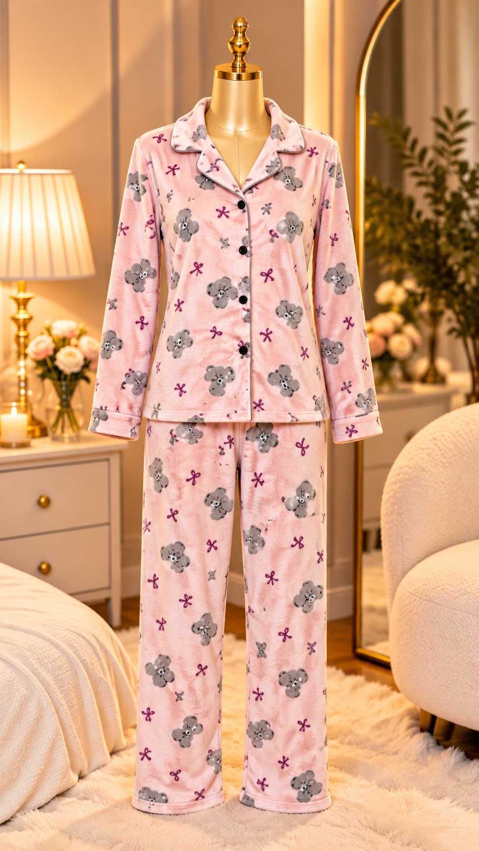 Pink Teddy Bear Print Button-Up Pyjama
