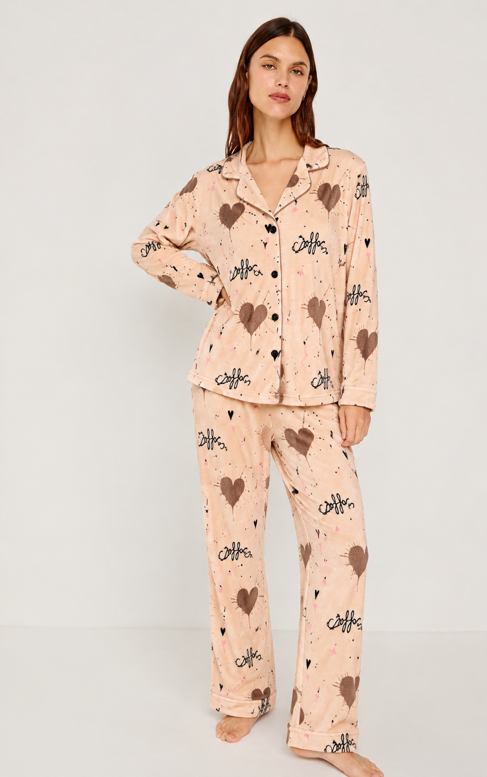 Beige Coffee & Hearts Print Button-Up Pyjama Set
