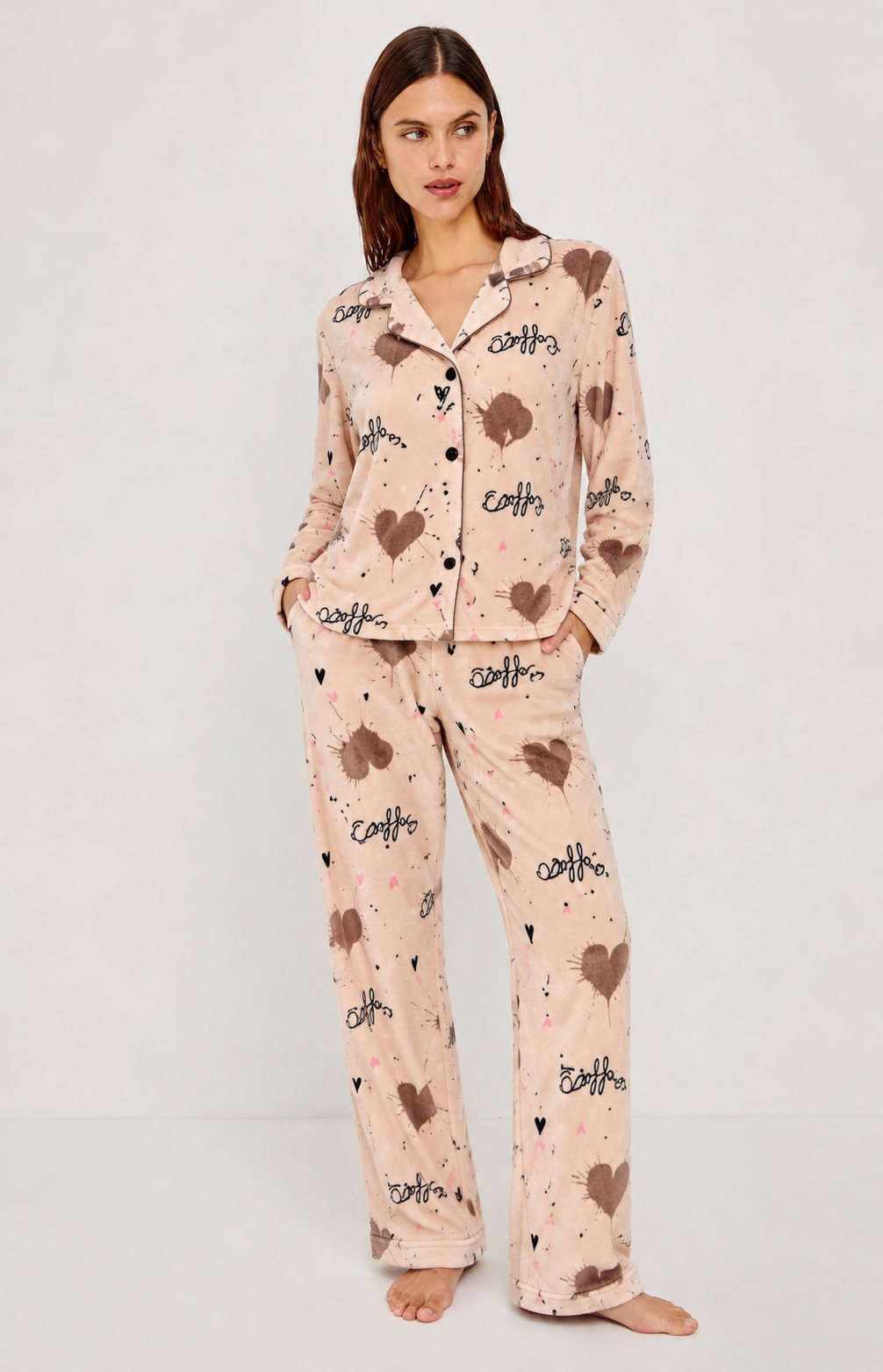 Beige Coffee & Hearts Print Button-Up Pyjama Set