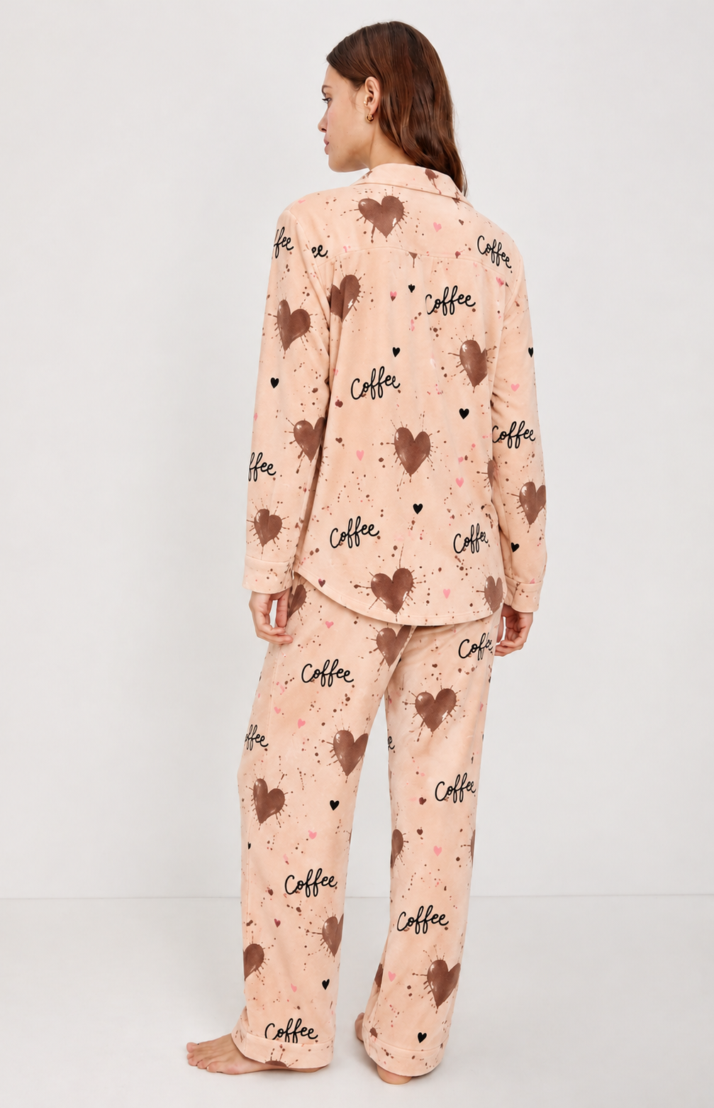 Beige Coffee & Hearts Print Button-Up Pyjama Set