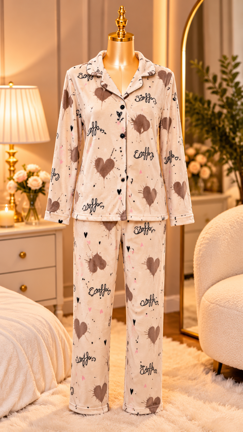 Beige Coffee & Hearts Print Button-Up Pyjama Set
