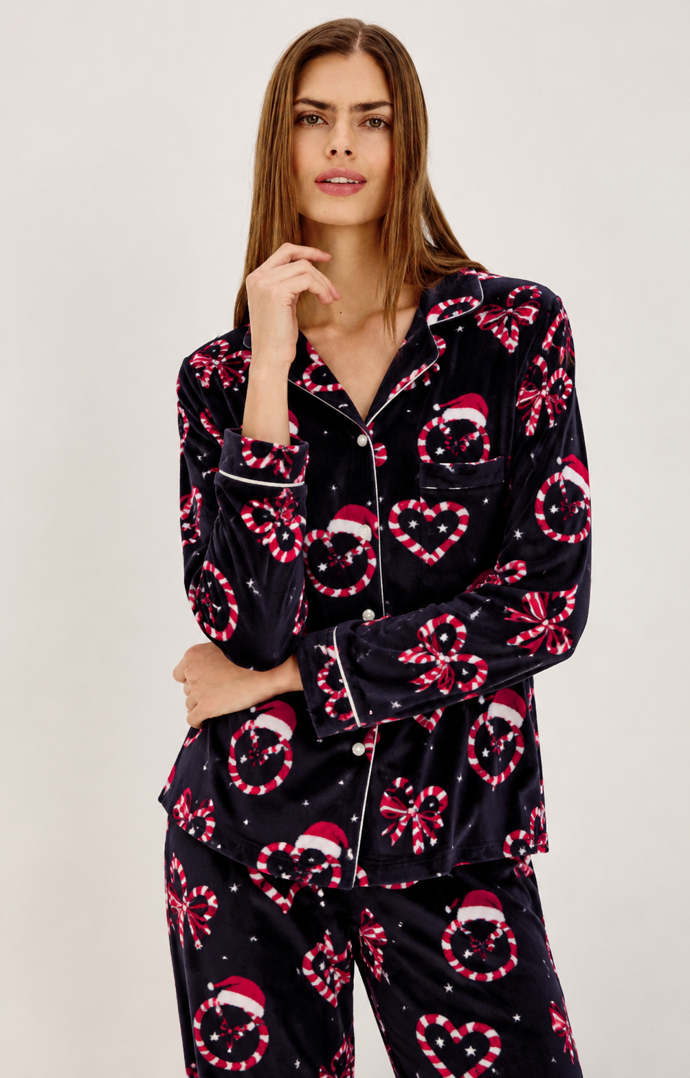 Christmas Black Candy Cane Print Button-Up Pyjama Set