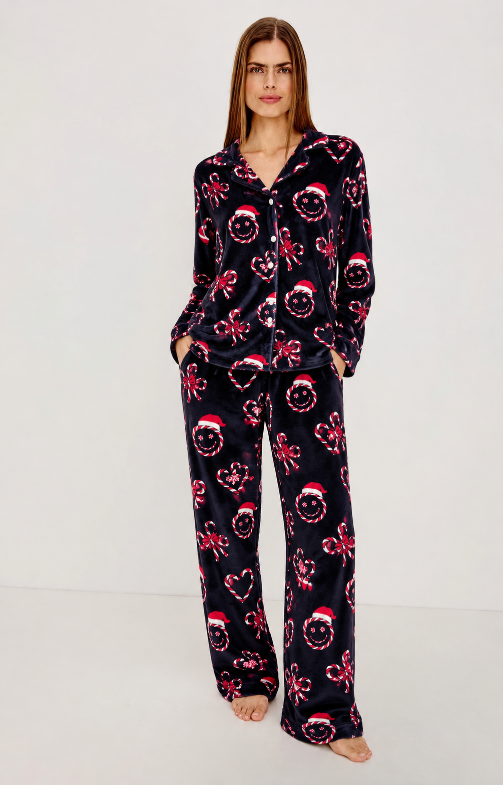 Christmas Black Candy Cane Print Button-Up Pyjama Set