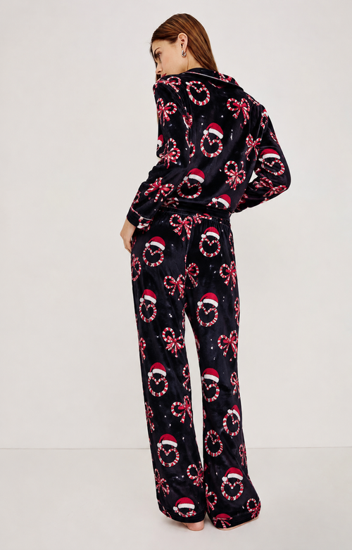 Christmas Black Candy Cane Print Button-Up Pyjama Set