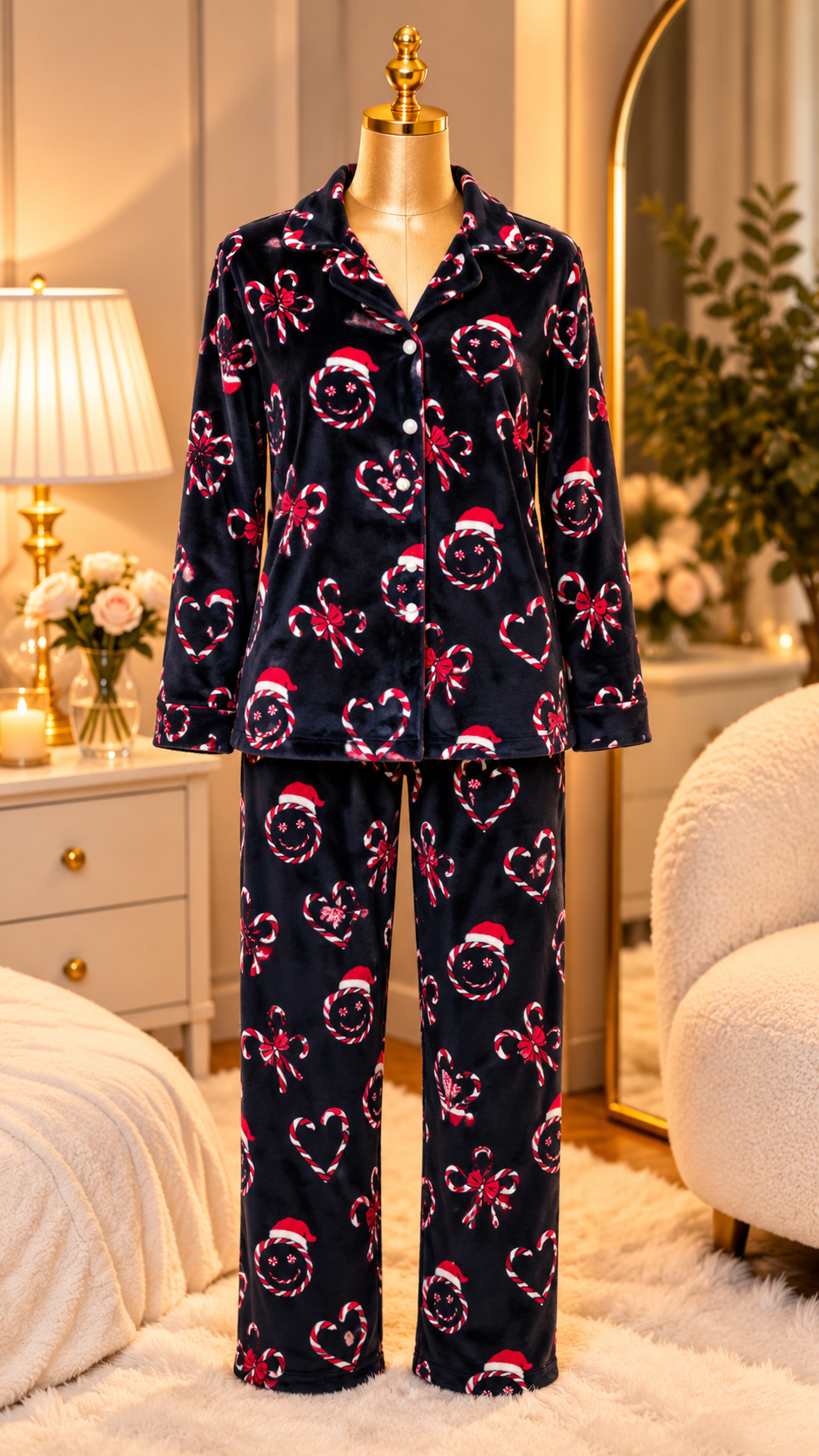Christmas Black Candy Cane Print Button-Up Pyjama Set