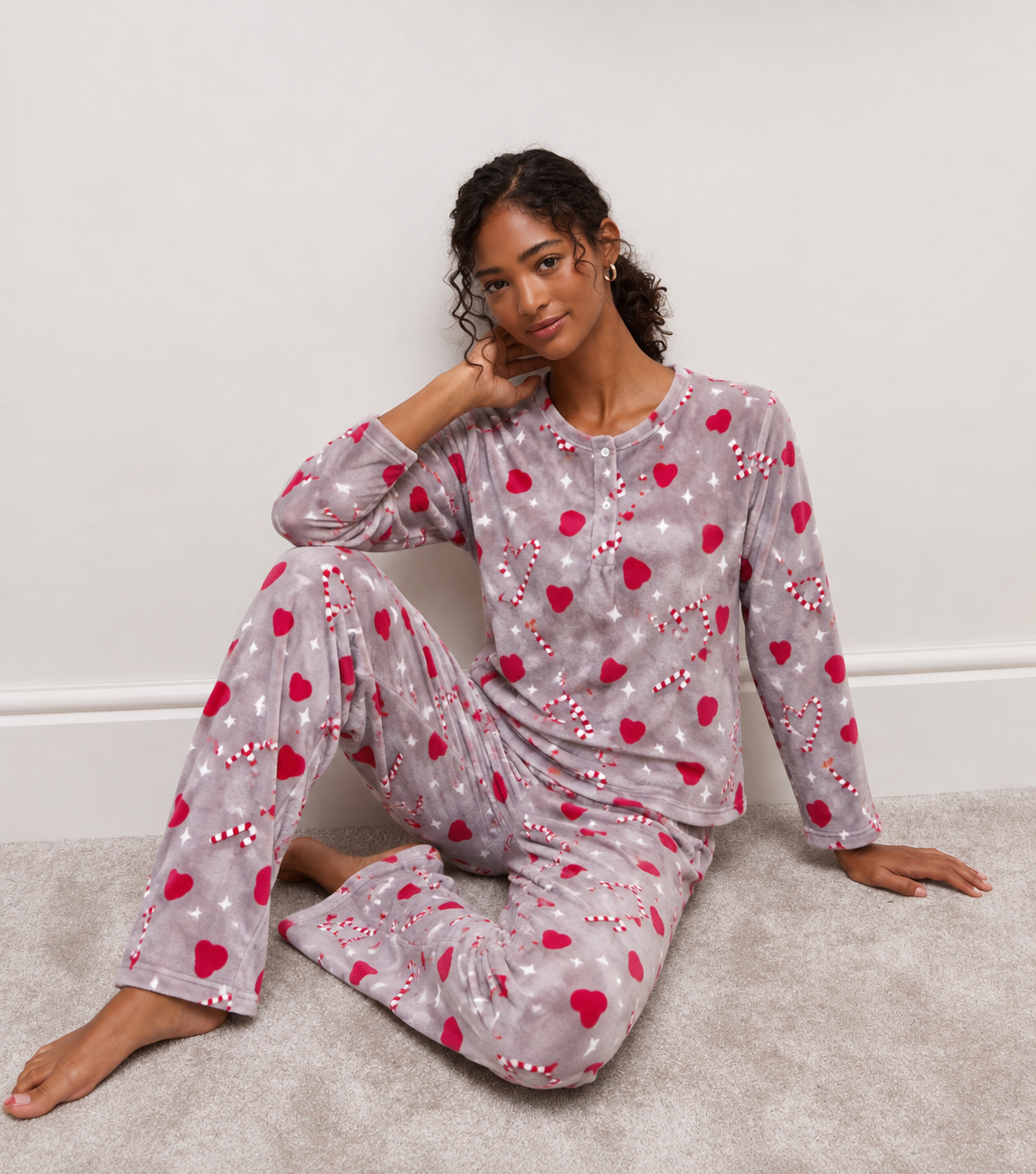 Christmas Cozy Candy Cane & Hearts Plush Pyjama Set