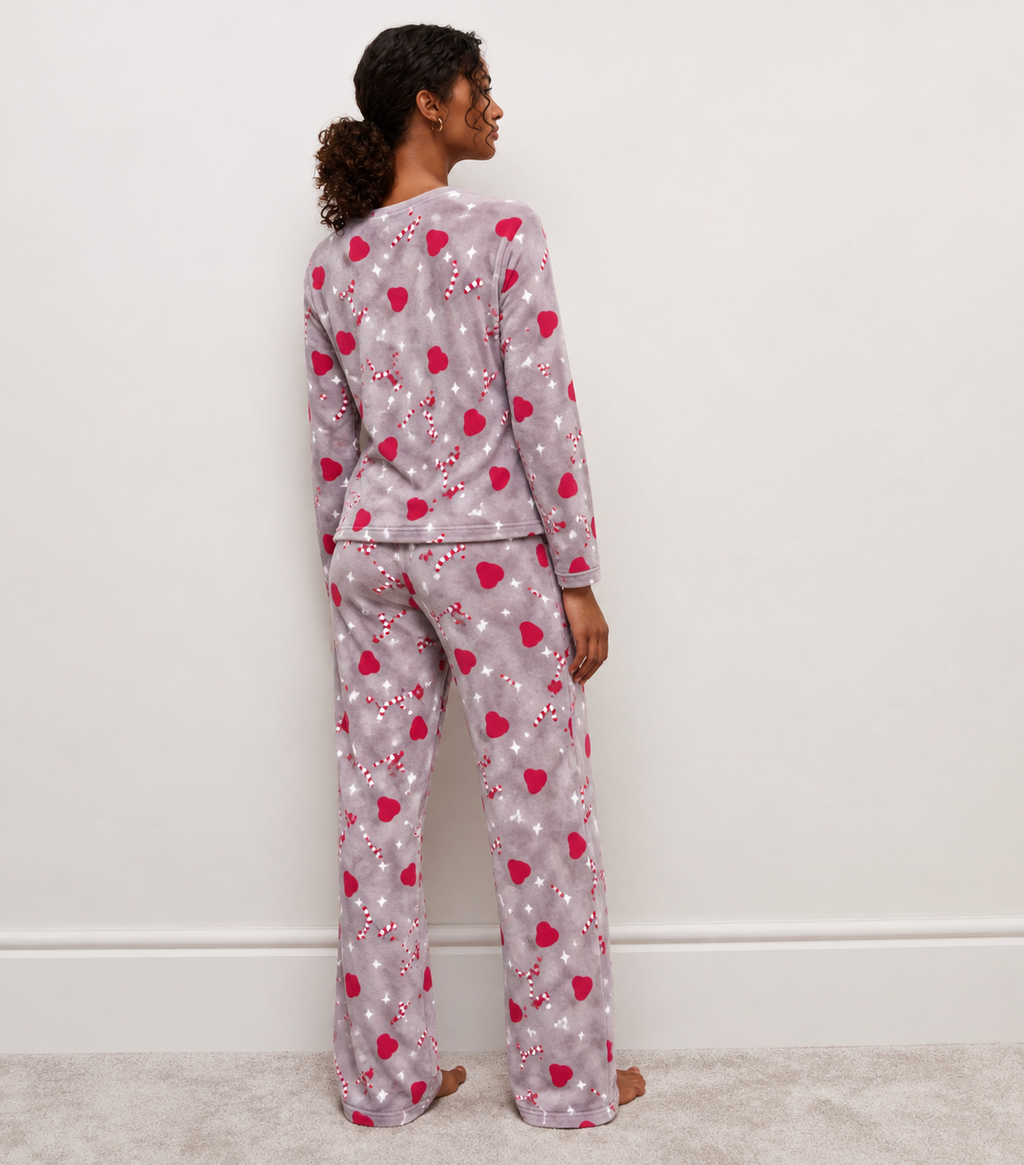 Christmas Cozy Candy Cane & Hearts Plush Pyjama Set