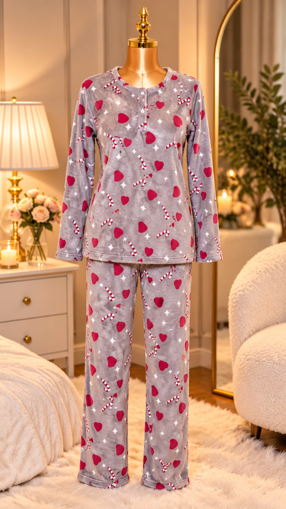 Christmas Cozy Candy Cane & Hearts Plush Pyjama Set