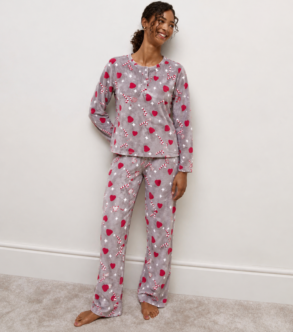 Christmas Cozy Candy Cane & Hearts Plush Pyjama Set