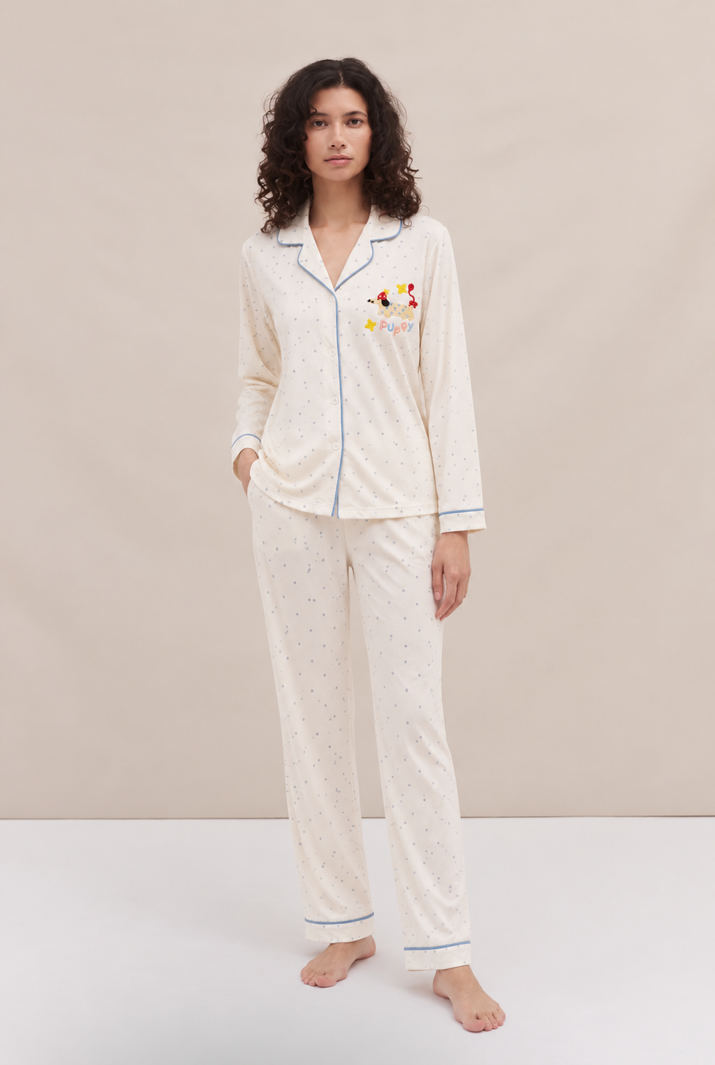Cream Puppy & Blue Polka Dot Button-Up Pyjama Set