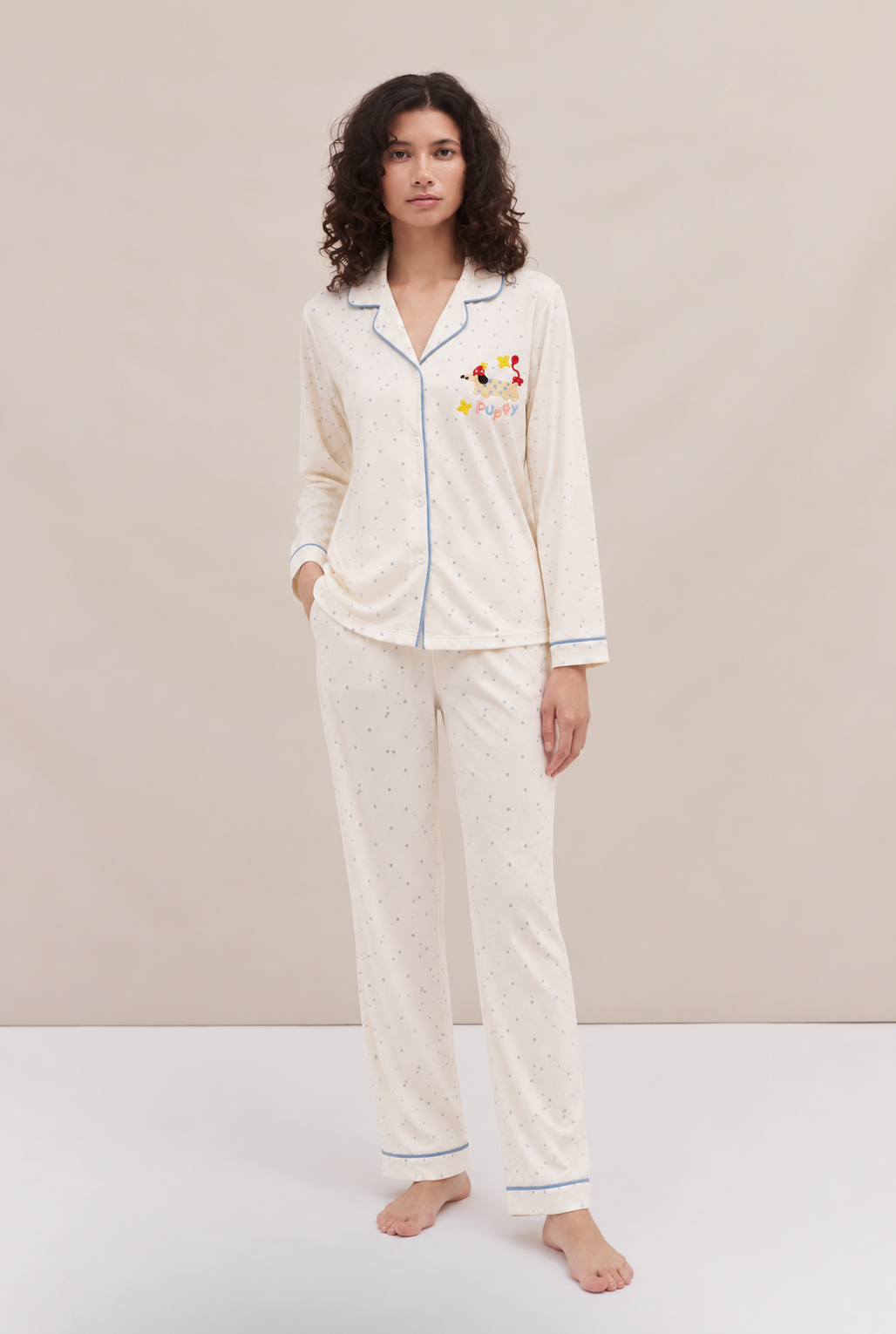 Cream Puppy & Blue Polka Dot Button-Up Pyjama Set