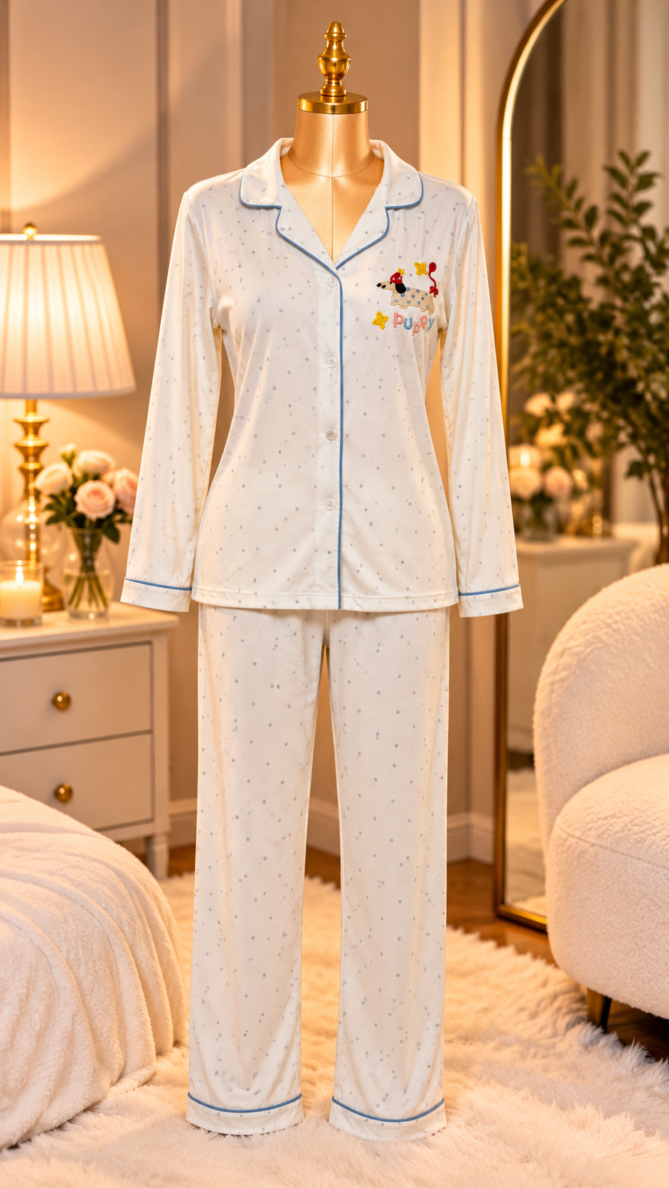Cream Puppy & Blue Polka Dot Button-Up Pyjama Set