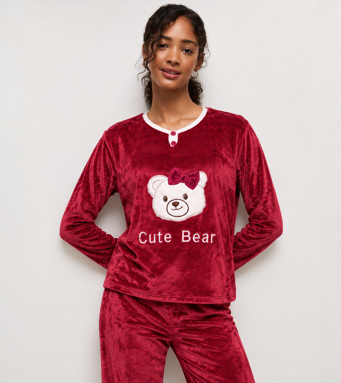 Cute Bear Burgundy Plush Pyjama Set