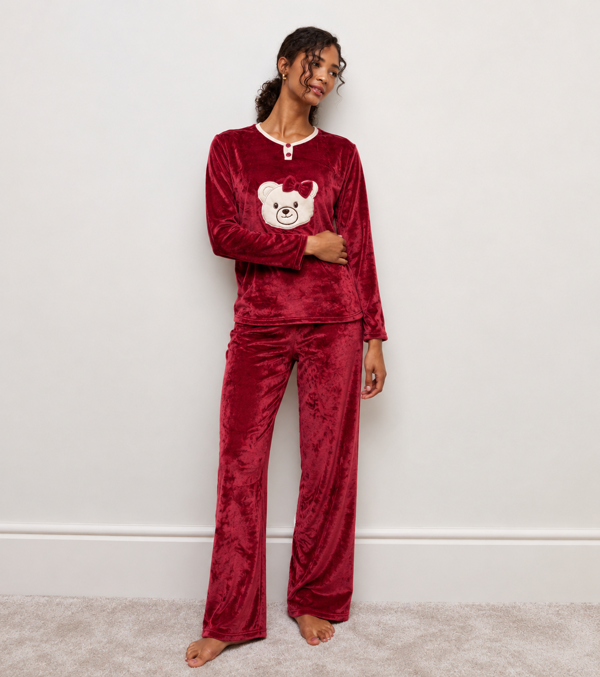 Cute Bear Burgundy Plush Pyjama Set