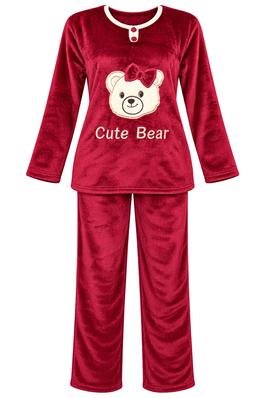 Cute Bear Burgundy Plush Pyjama Set