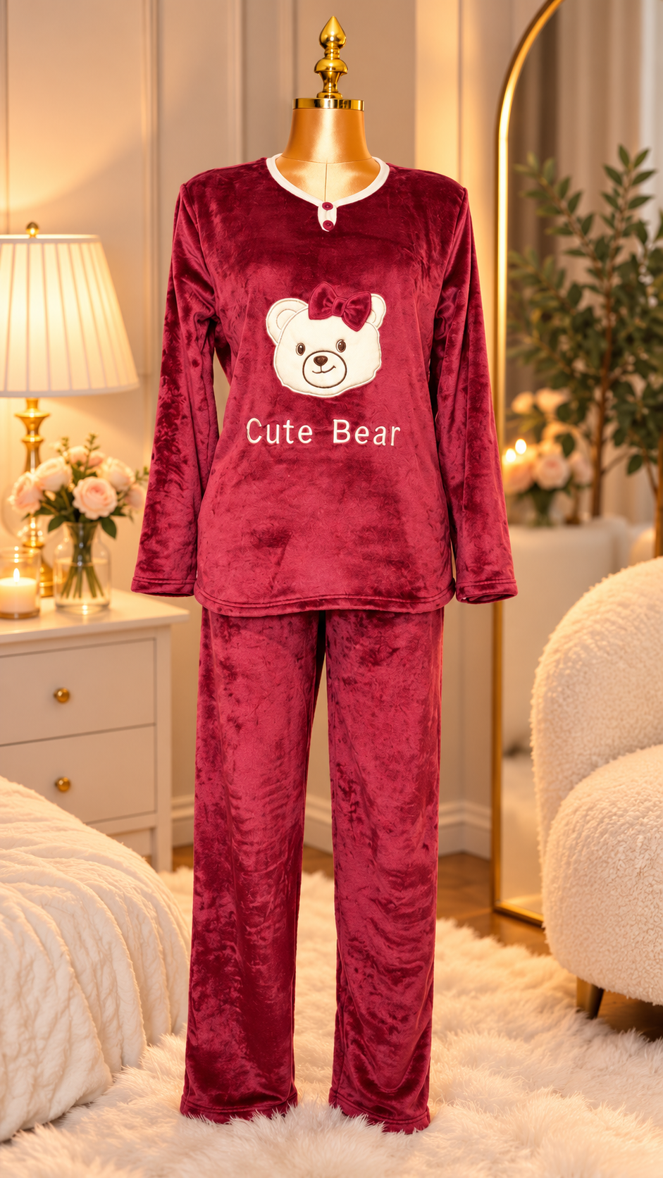 Cute Bear Burgundy Plush Pyjama Set