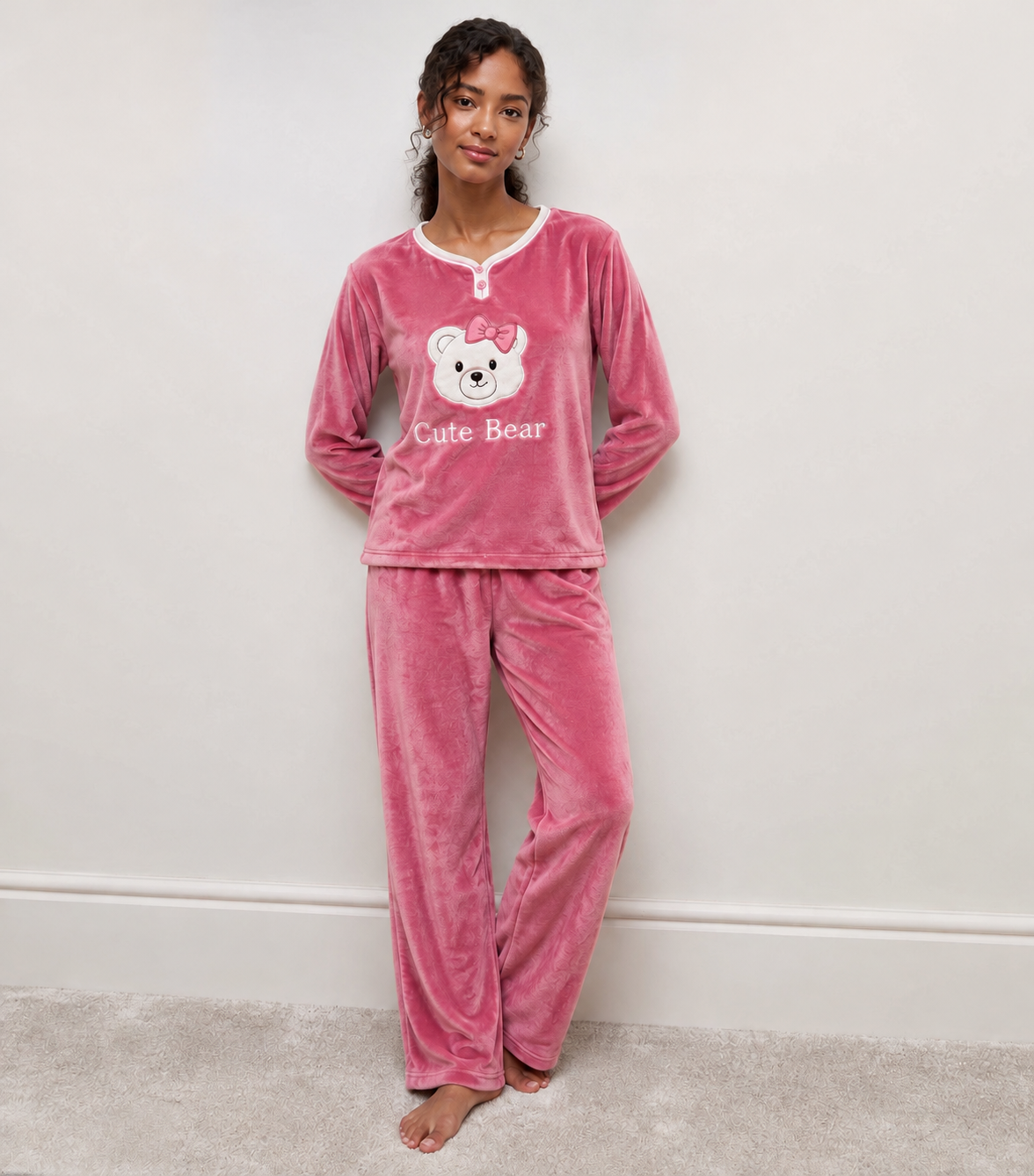 Cute Bear Dusty Rose Plush Pyjama Set