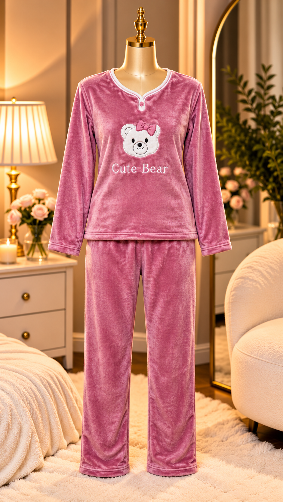 Cute Bear Dusty Rose Plush Pyjama Set