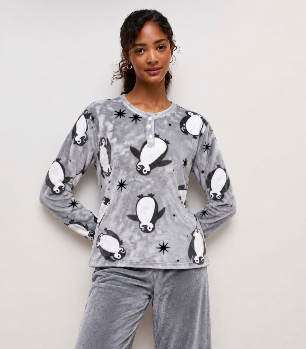 Cozy Penguin Grey Plush Pyjama Set