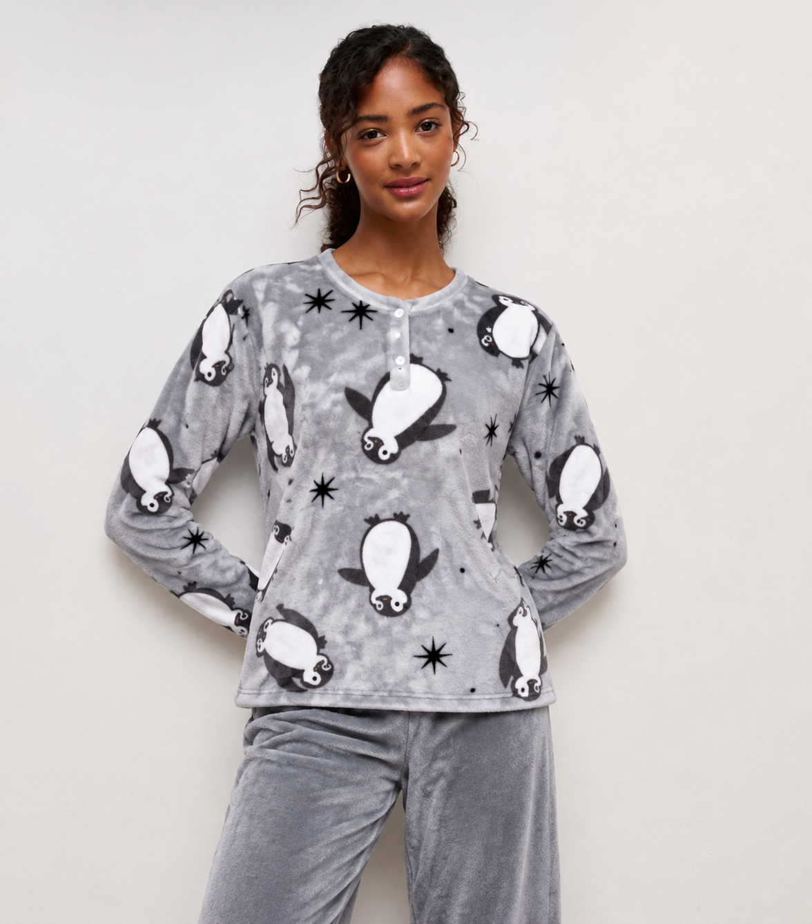 Cozy Penguin Grey Plush Pyjama Set