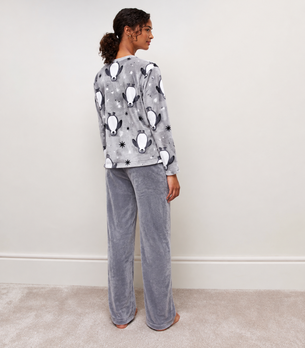 Cozy Penguin Grey Plush Pyjama Set