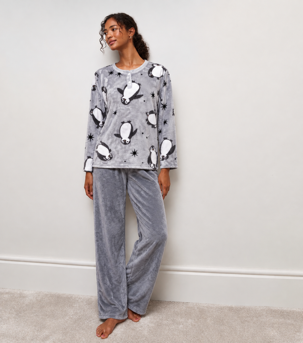 Cozy Penguin Grey Plush Pyjama Set