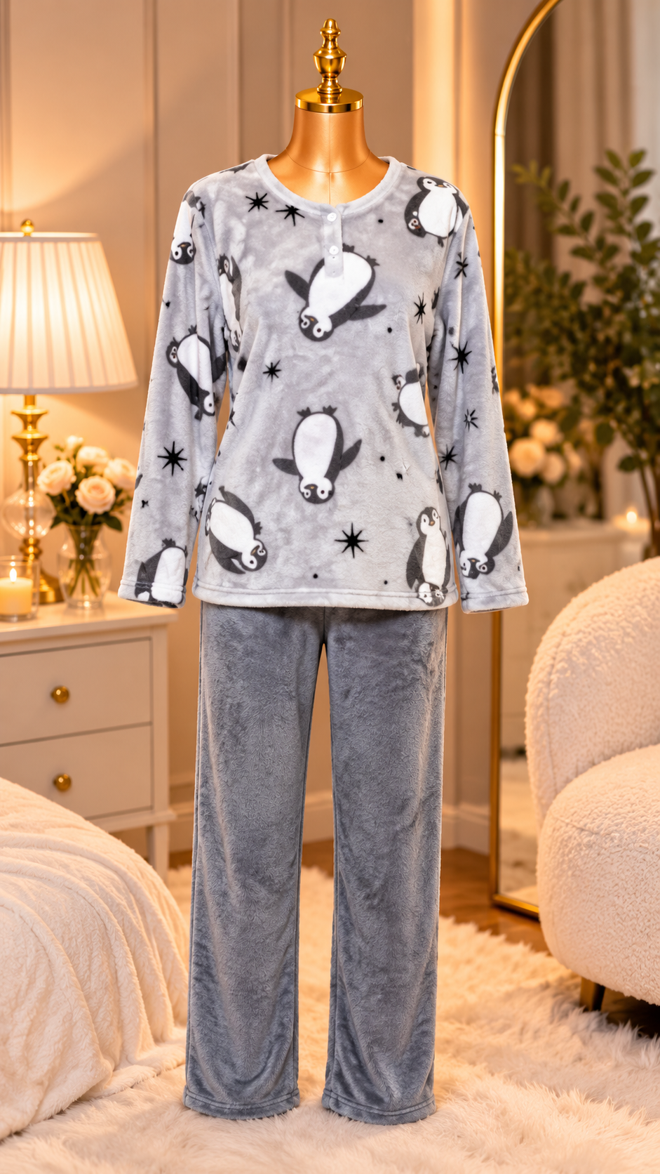 Cozy Penguin Grey Plush Pyjama Set