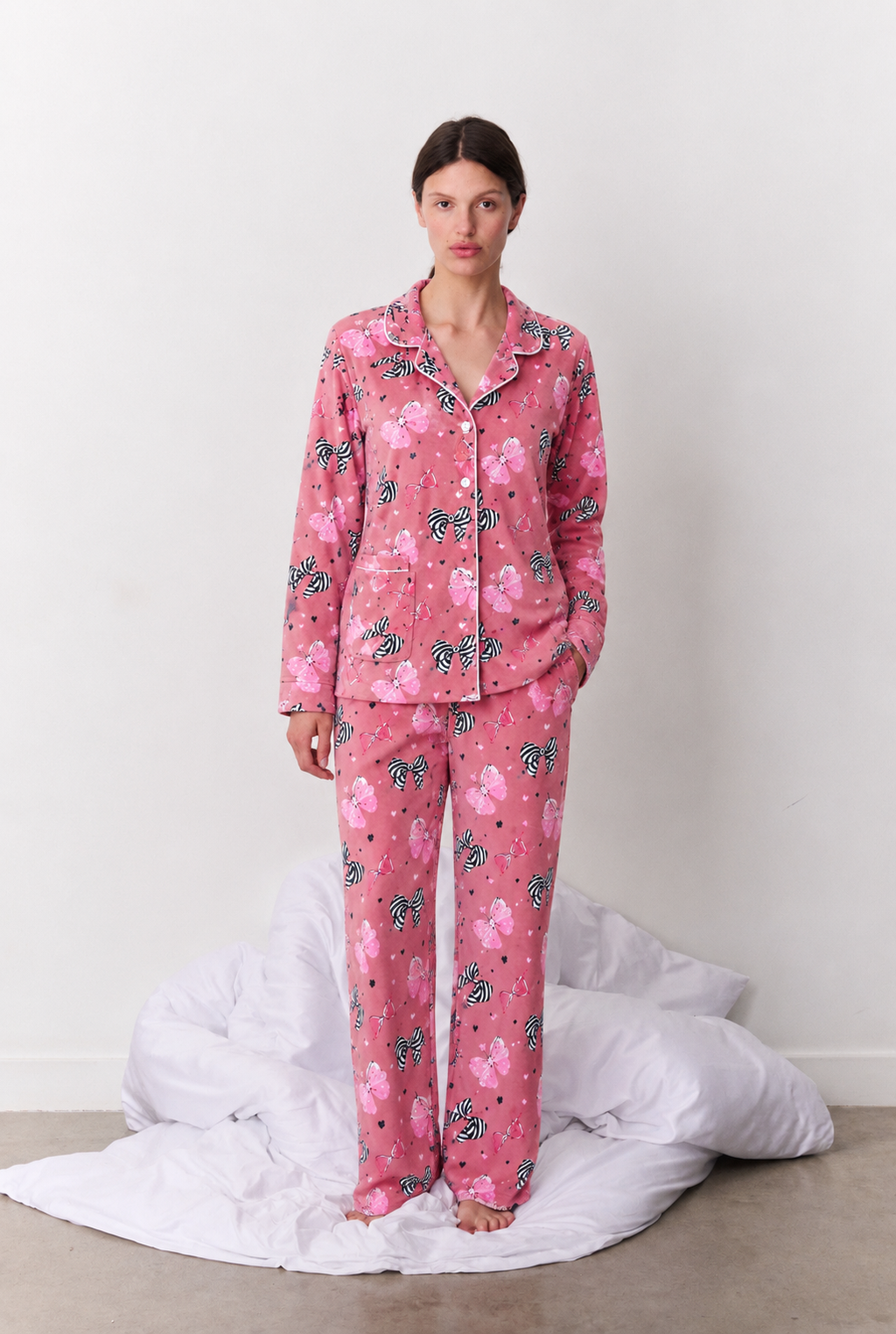 Pink Bow Print Button-Up Pyjama Set