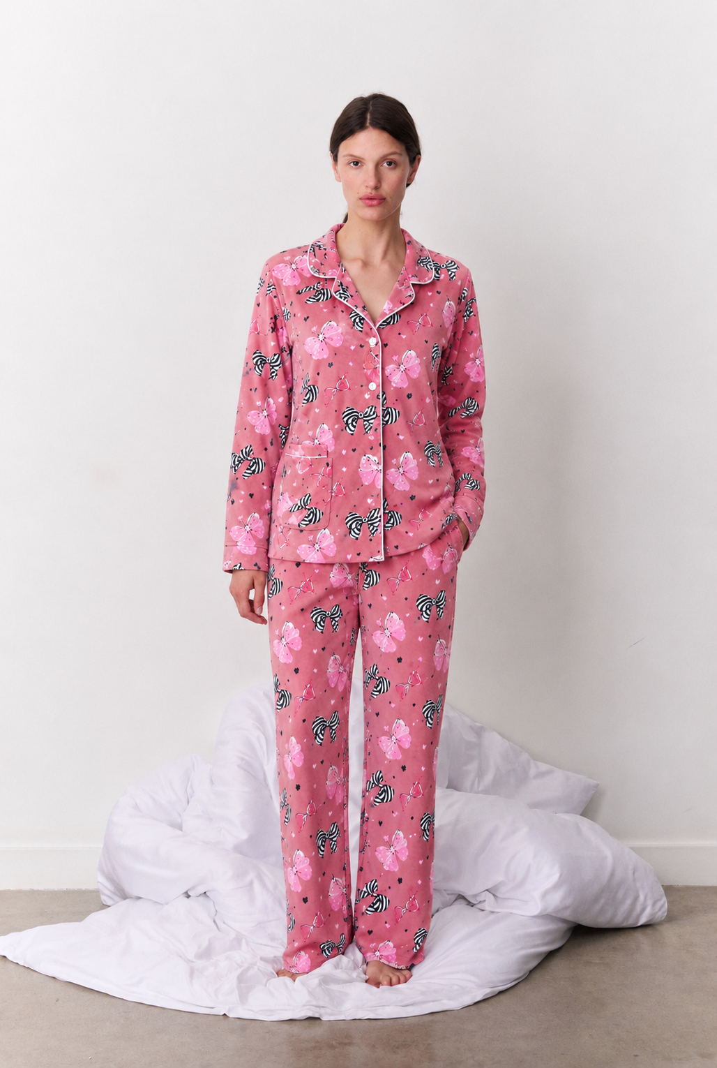 Pink Bow Print Button-Up Pyjama Set