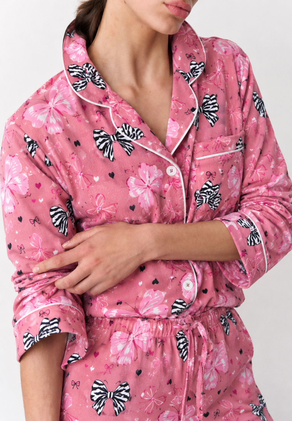 Pink Bow Print Button-Up Pyjama Set