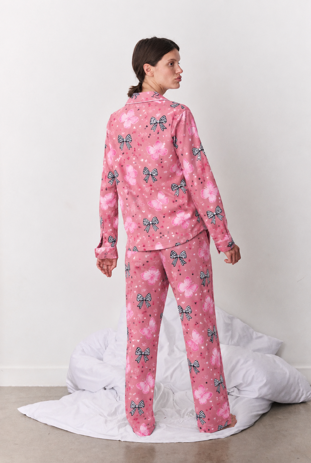 Pink Bow Print Button-Up Pyjama Set