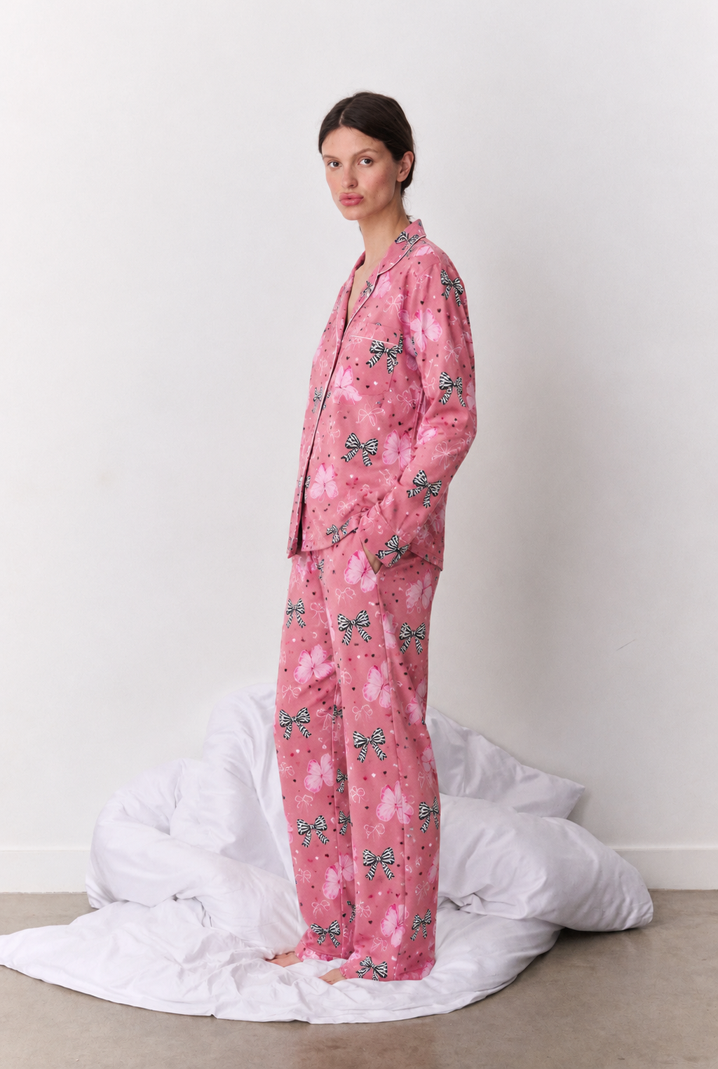 Pink Bow Print Button-Up Pyjama Set