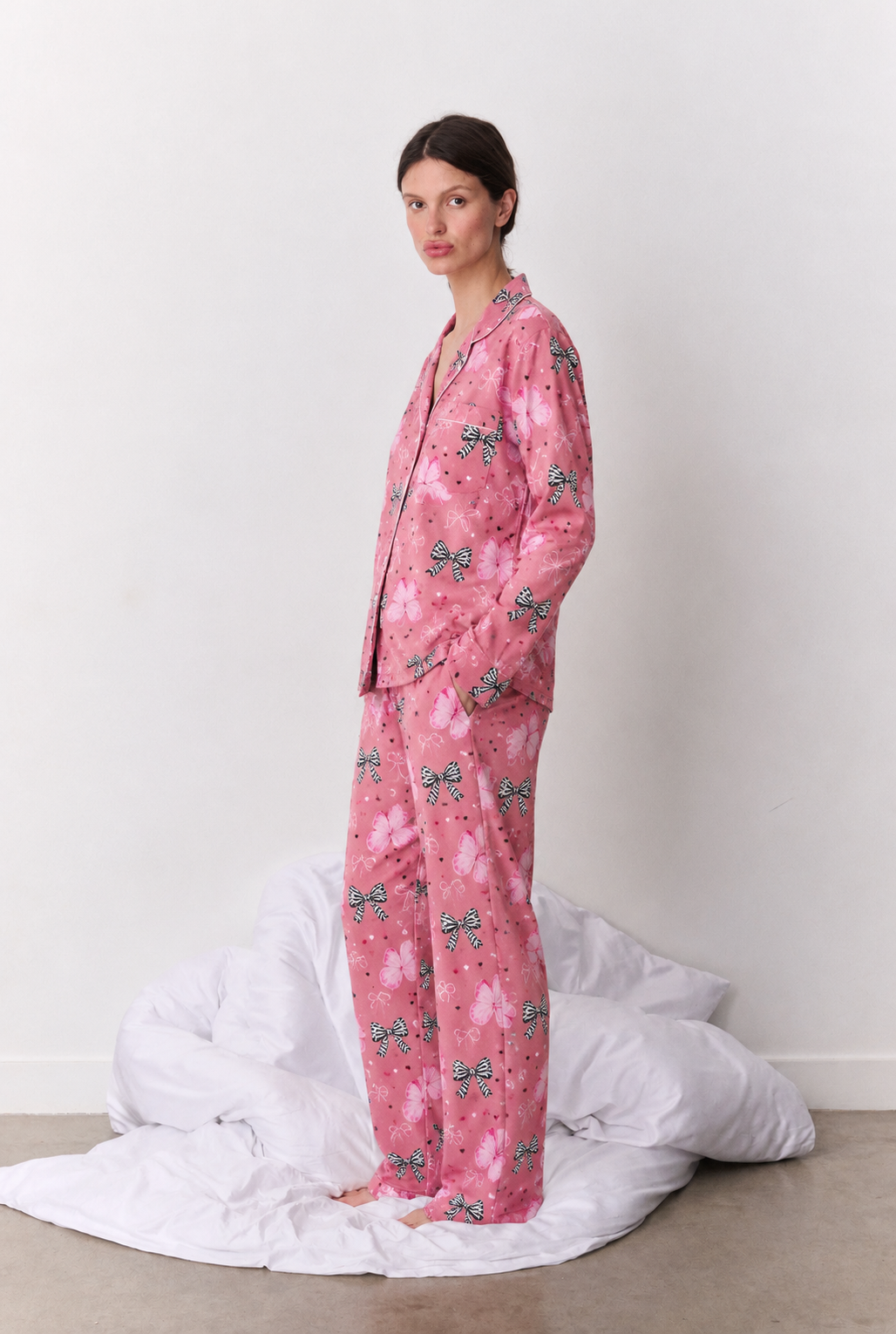 Pink Bow Print Button-Up Pyjama Set