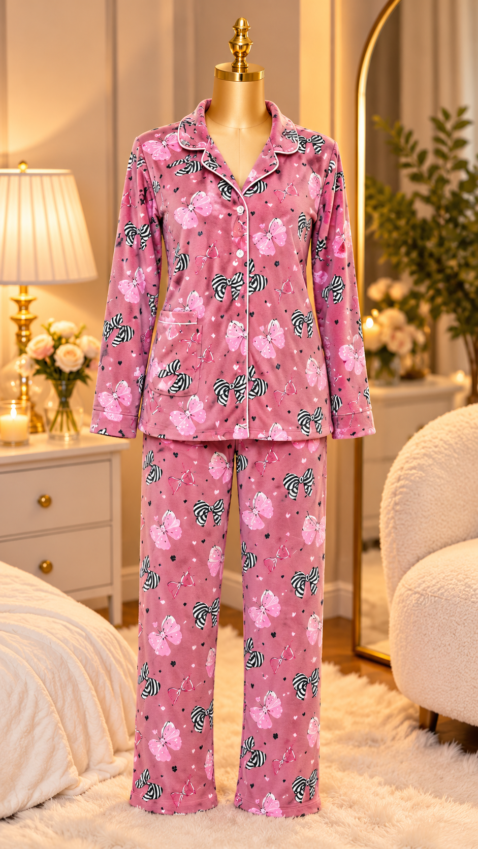 Pink Bow Print Button-Up Pyjama Set