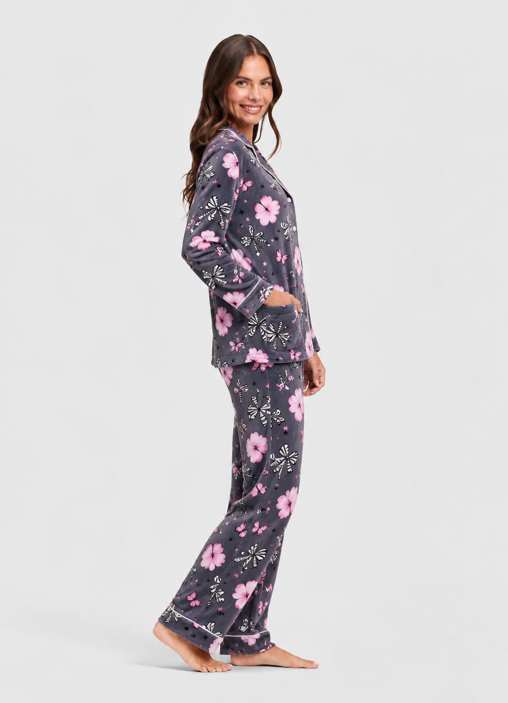 Grey & Pink Bow Print Button-Up Pyjama