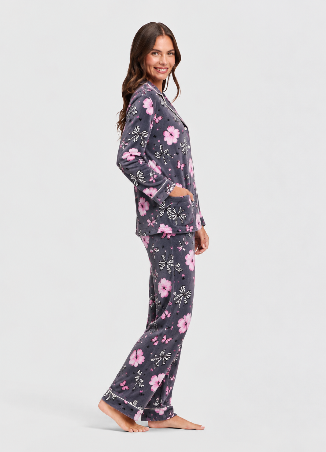 Grey & Pink Bow Print Button-Up Pyjama