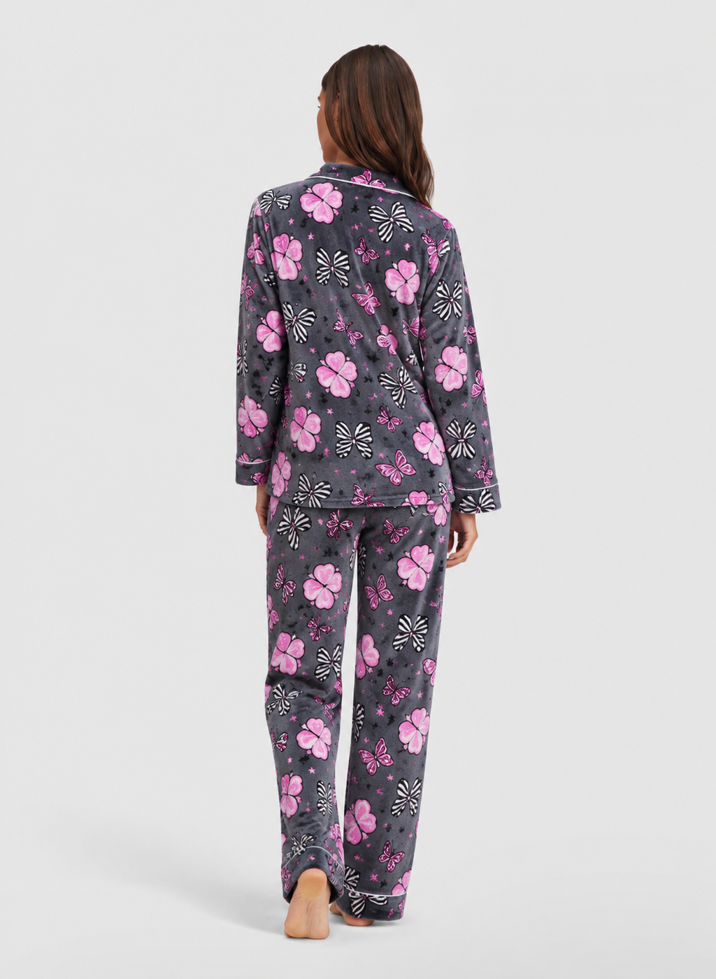 Grey & Pink Bow Print Button-Up Pyjama
