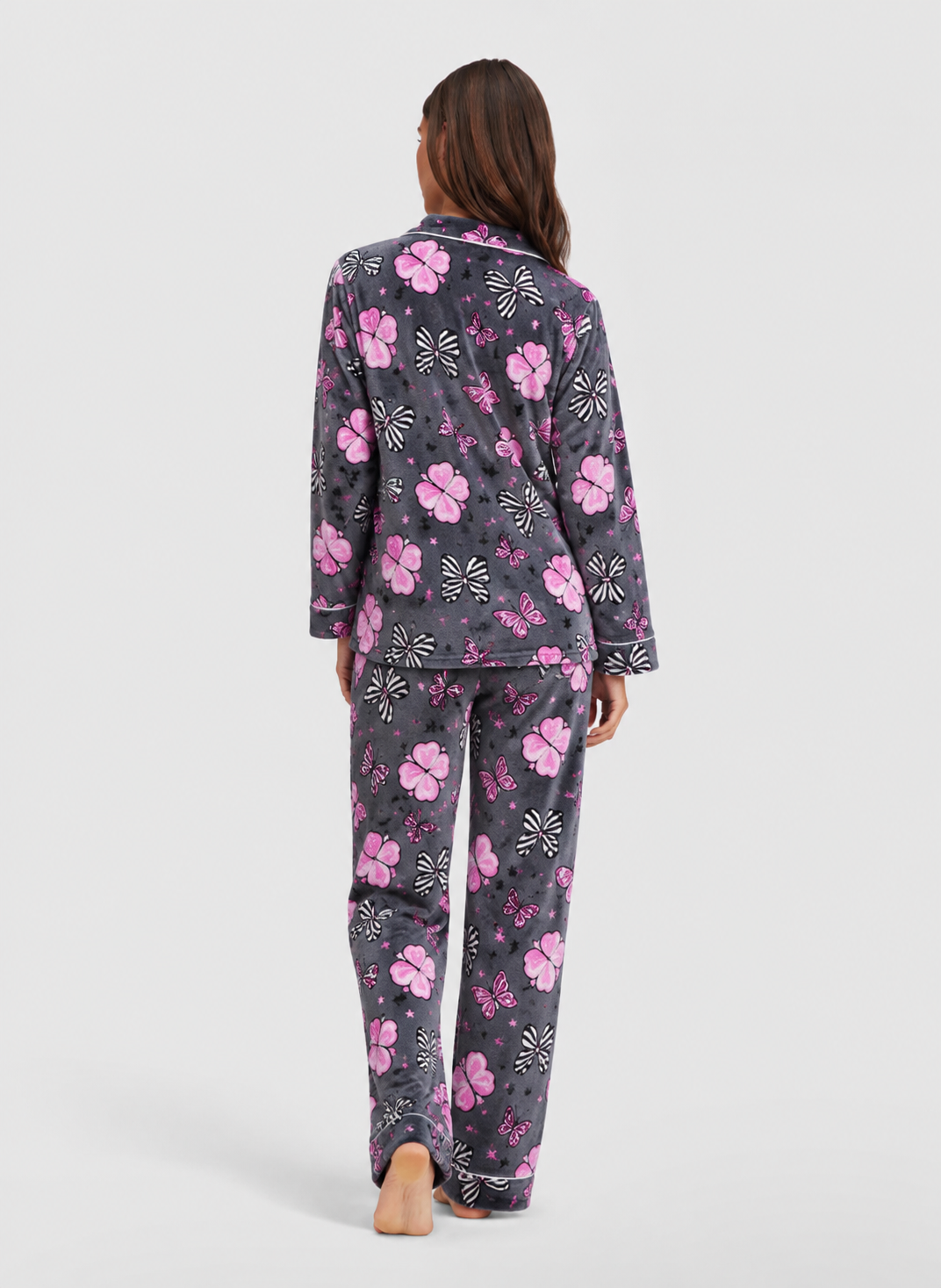 Grey & Pink Bow Print Button-Up Pyjama