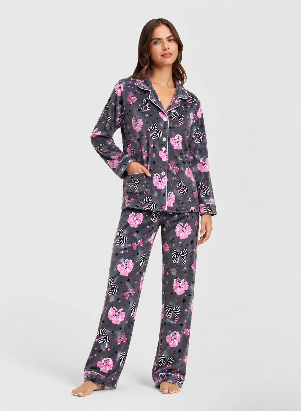 Grey & Pink Bow Print Button-Up Pyjama