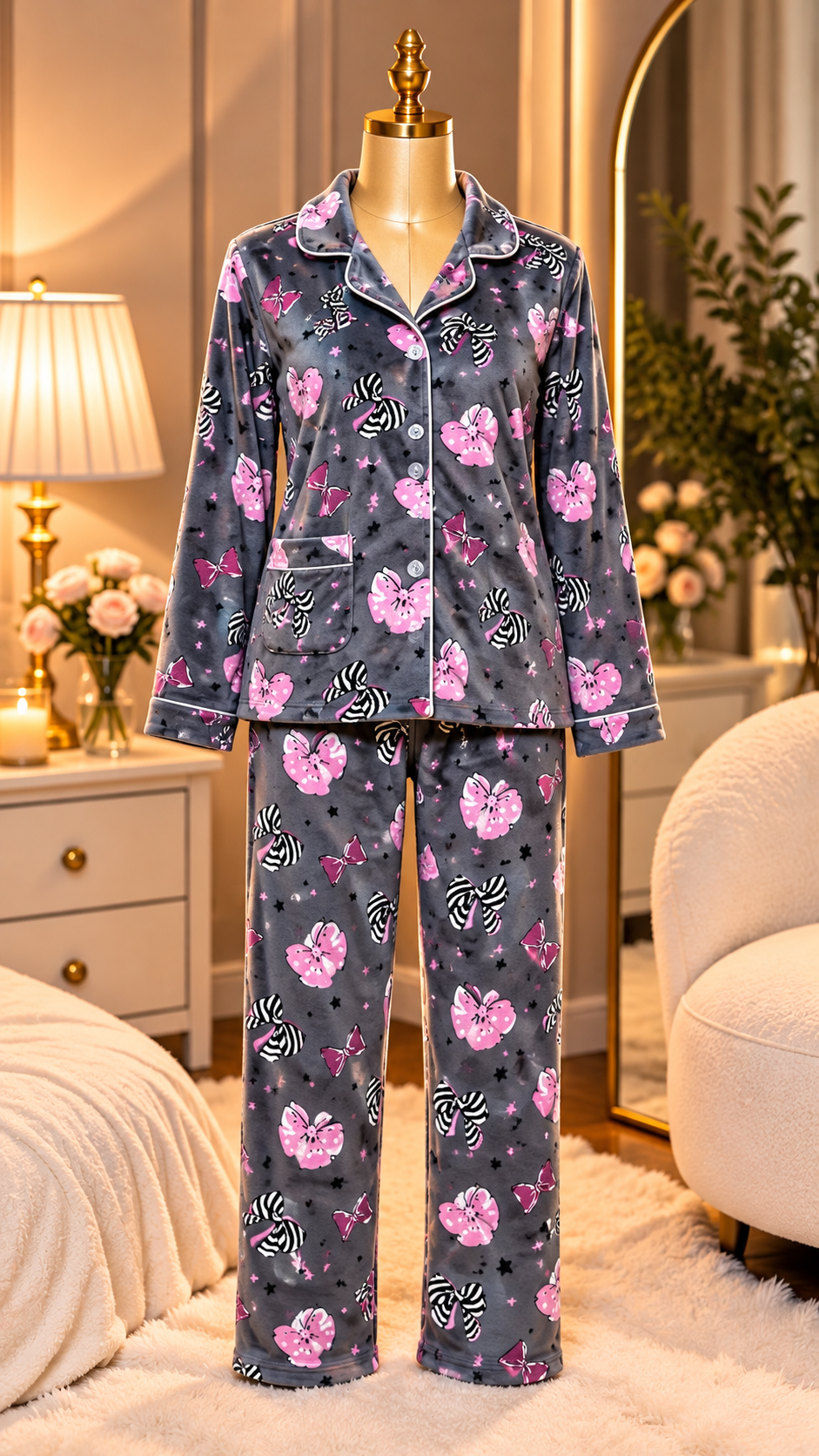 Grey & Pink Bow Print Button-Up Pyjama