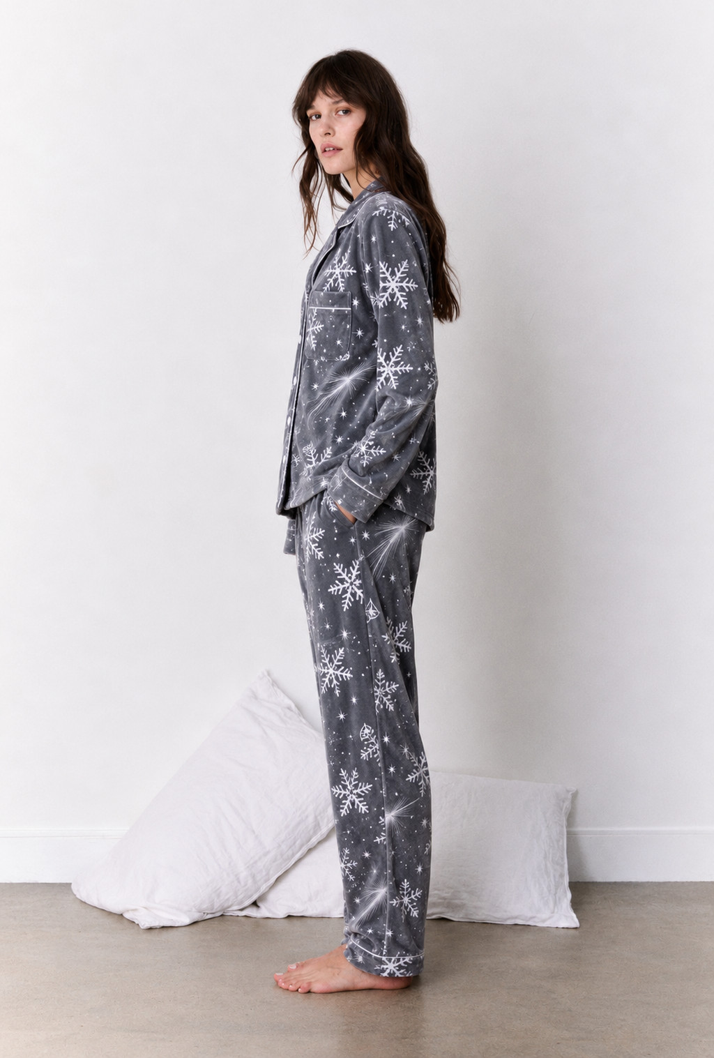 Charcoal Snowflake Print Button-Up