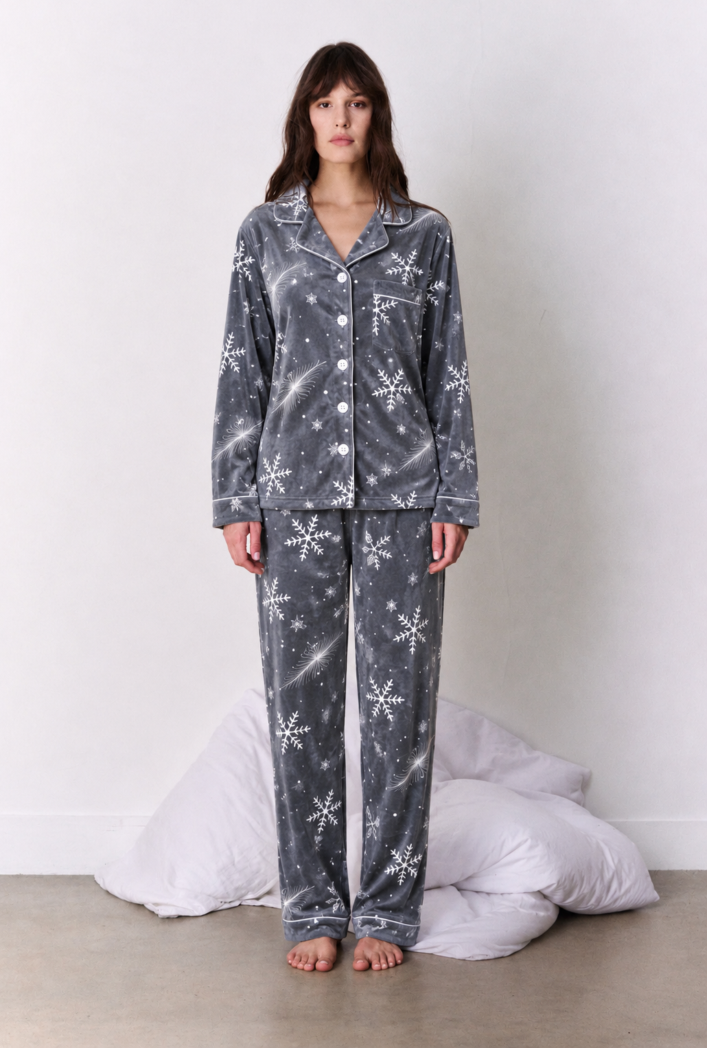 Charcoal Snowflake Print Button-Up