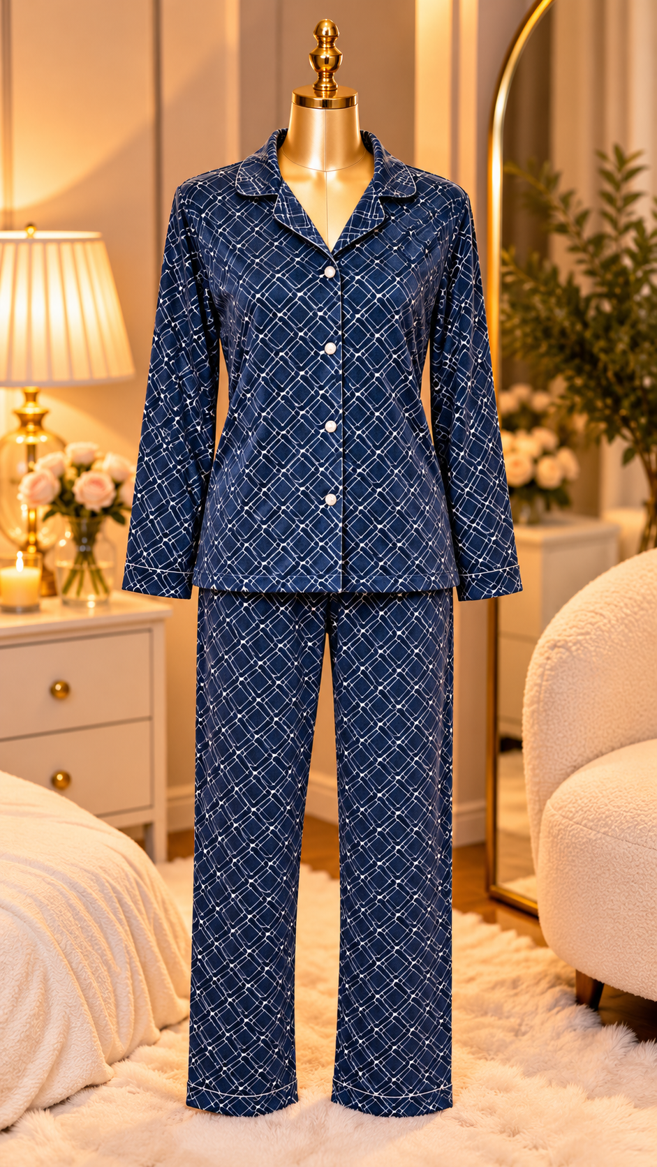 Navy Geometric Print Button-Up Pyjama set