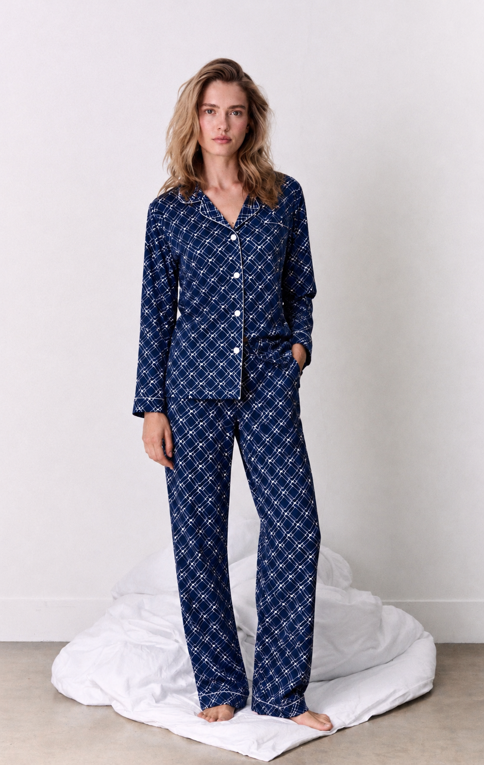 Navy Geometric Print Button-Up Pyjama set