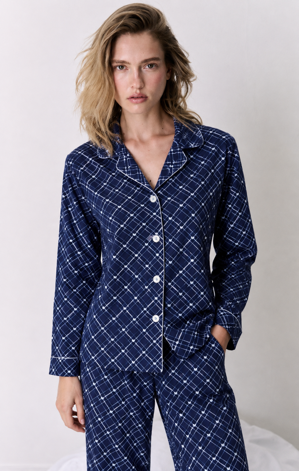 Navy Geometric Print Button-Up Pyjama set