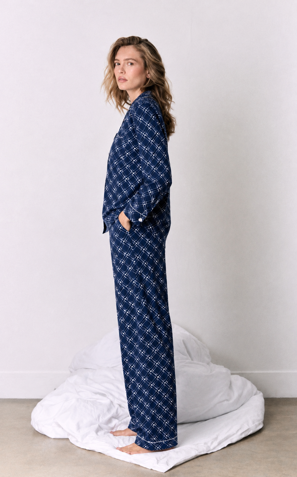 Navy Geometric Print Button-Up Pyjama set